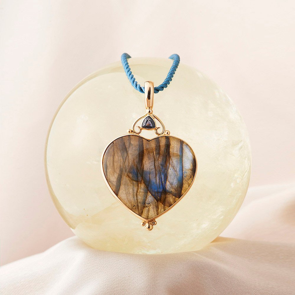 Spectrolite Moonstone & Sapphire Pendant  handmade in 14ky Gold