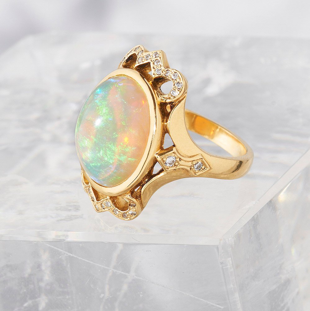 Opal 7.39ct Diamond accents .22ct tw, Ring handmade in 18ky Gold