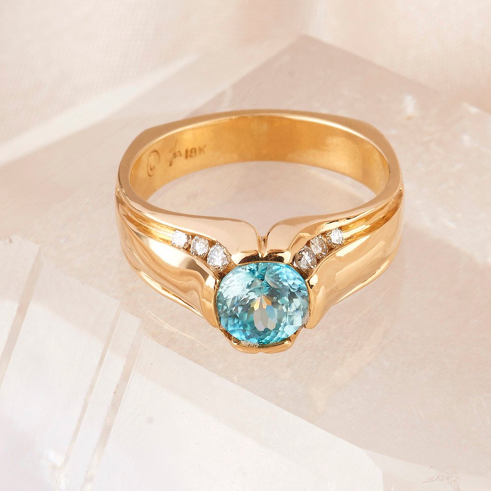 Natural Blue Zircon 1.31ct & Diamond accents .24ct tw, Ring handmade in 18ky Gold