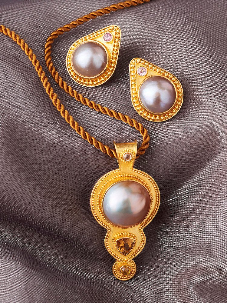 Mabe Pearl, Sapphire & Citrine Pendant handmade in 22k Gold. Mabe Pearl & Sapphire Post Earrings handmade in 22k Gold
