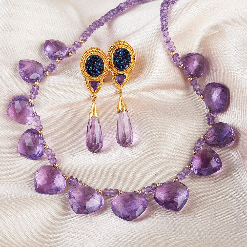 Amethyst Necklace strung with 14k beads.  Titanium Druzy & Amethyst Earrings handmade in 22k Gold.