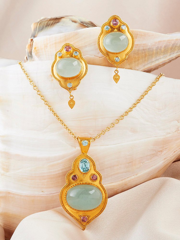 Aquamarine Cabochon with Pink Sapphire & Natural Blue Zircon accents Pendant & Earrings handmade in 22k Gold.