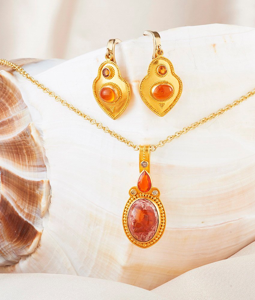 Mexican Fire Opal Pendant  w/ Champagne Diamonds handmade in 22k Gold.  Mexican Fire Opal & Sapphire Earrings handmade in 22k Gold.